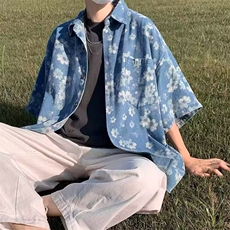 美式满印花朵牛仔短袖衬衫男夏季潮流休闲衬衣外套CA31-P50，男装T恤，星座208-5