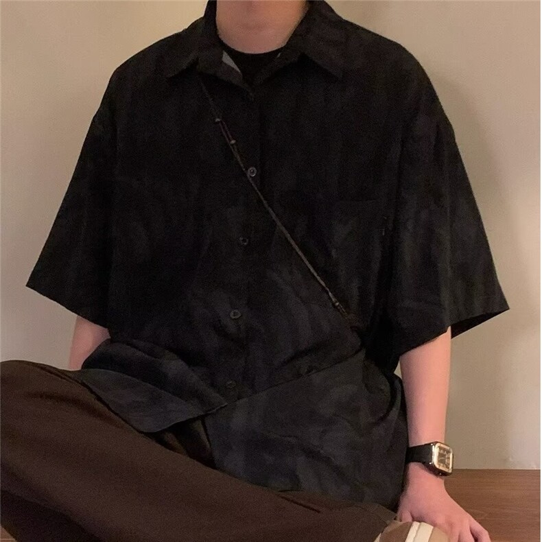 夏季新款日系复古宽松潮牌男女高级感短袖衬衫设计感休闲宽松上衣,男装T恤,星座506A