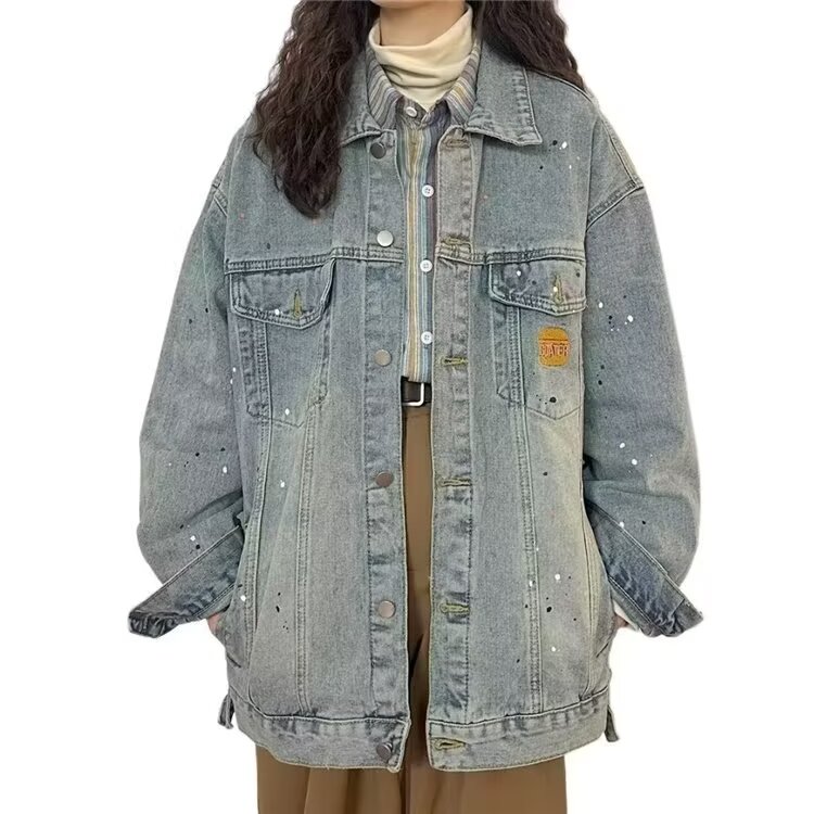 复古高街泼墨牛仔衬衫外套女春秋宽松情侣夹克上衣网图JK2101-P68图片