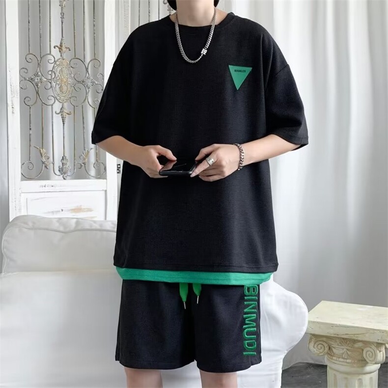 华夫格运动服套装男生夏季潮牌休闲短袖短裤两件套U35310B-1-P40,男装牛仔裤,星座310B-1