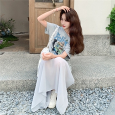 韩系2025夏季新款女时尚洋气圆领收腰显瘦上衣+松紧腰半身裙套装，女装连衣裙，2C323