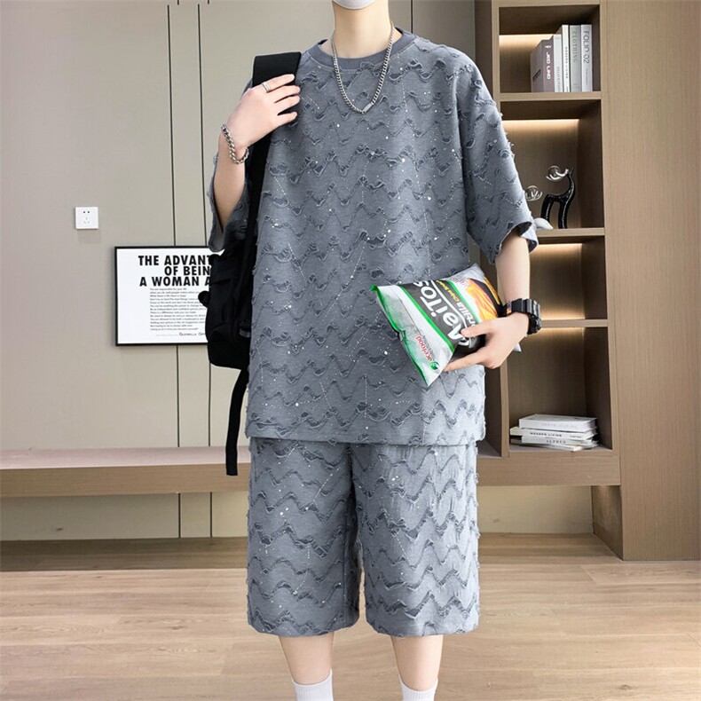 夏季港风套装男宽松满天星短袖T恤短裤休闲套装TZ6631-P55,男装休闲套装,星座310B