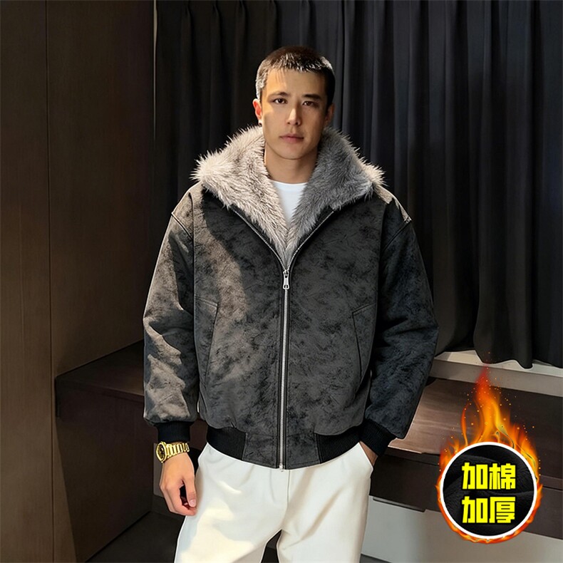现货高品质美式高街重磅座山雕毛毛领pu皮棉衣男女加厚棉服冬外套，男装皮衣，电商A486