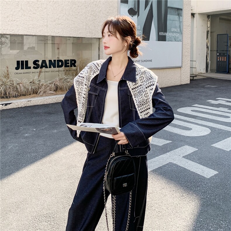【新品】牛仔套装短外套+弯刀裤两件套带蕾丝披肩,女装套装/套裙,2B076
