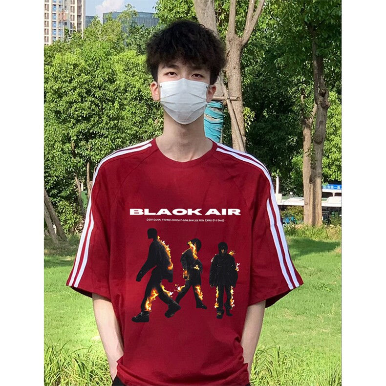 抖音得物高品质二开240克宽松纯棉美式潮牌三条杠织带短袖T恤,男装T恤,电商A486-1