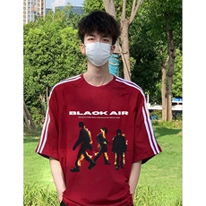 抖音得物高品质二开240克宽松纯棉美式潮牌三条杠织带短袖T恤，男装T恤，电商A486-1