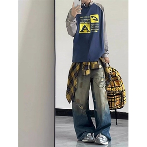 美式复古水洗设计感宽松阔腿牛仔裤男女春秋宽松拖地裤子D9024图片