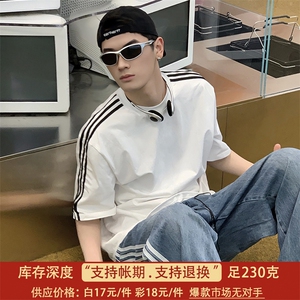 市场无对手 支持退换对比 230克重磅纯棉三条杠织带短袖T恤ZD2303图片