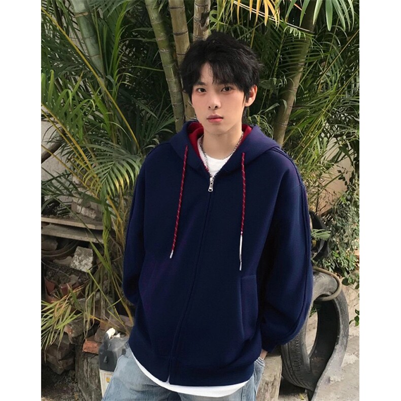 抖音得物二开美式高街重磅结构双层撞色连帽卫衣开衫外套W116图片