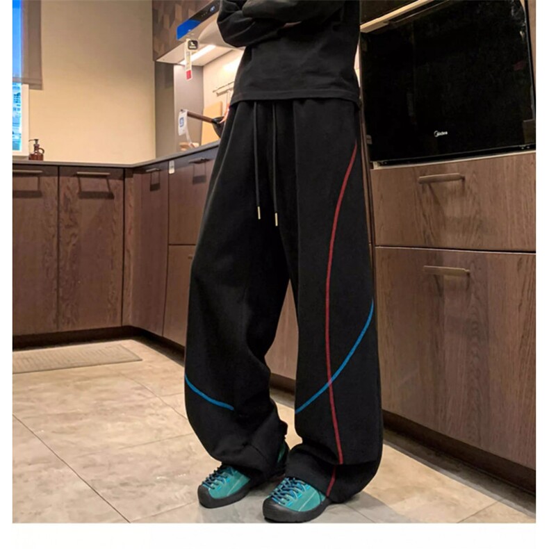 美式明线撞色弯刀卫裤男女秋季重磅宽松阔腿运动裤垂感直筒休闲裤,男装休闲裤,星座506A