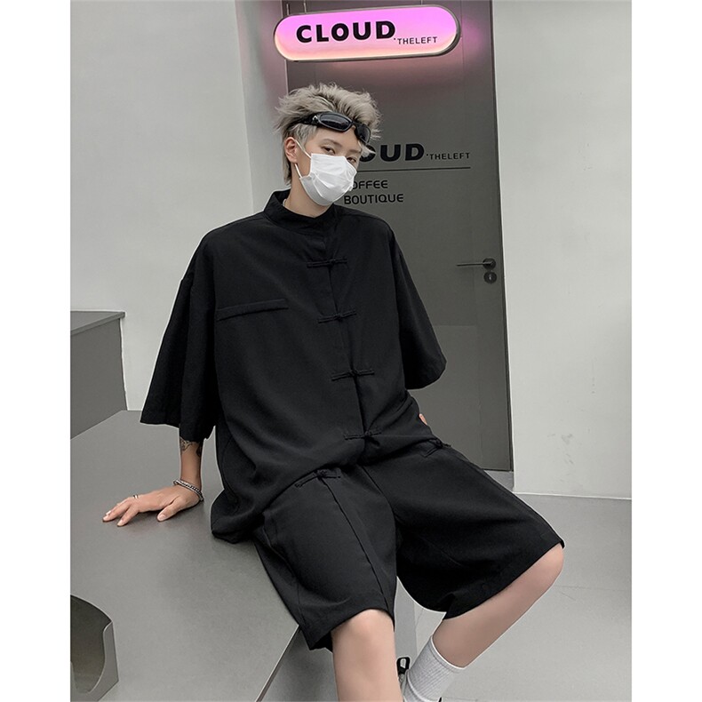 XZ2449-TP50不控价夏季新中式冰丝凉感短袖衬衫五分休闲裤两件套，男装休闲裤，电商A102-1