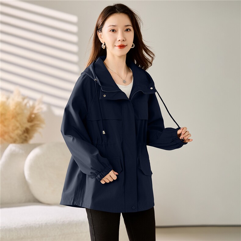现货大货已出！！2025秋季女装新款时尚抽绳中长款显瘦连帽外套,女装风衣,以桐