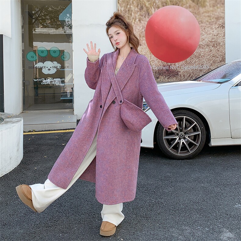 紫色双面呢羊毛大衣女冬高级感长款毛呢西装外套,女装毛呢外套,2B109