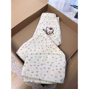 AK2348-P50刺绣kitty猫牛仔裤女夏季直筒高腰显瘦阔腿梧桐裤子潮图片