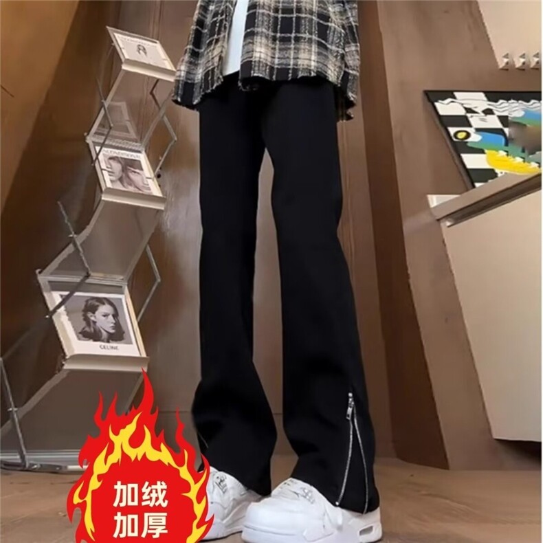 美式微喇牛仔裤加绒直筒裤子高街vibe开叉拉链长裤K8001-P46网图,男装牛仔裤,电商B245