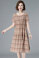 外贸出口品牌剪标女装复古棉麻连衣裙宽松大码拼接格子a字亚麻裙，女装连衣裙，玛其路