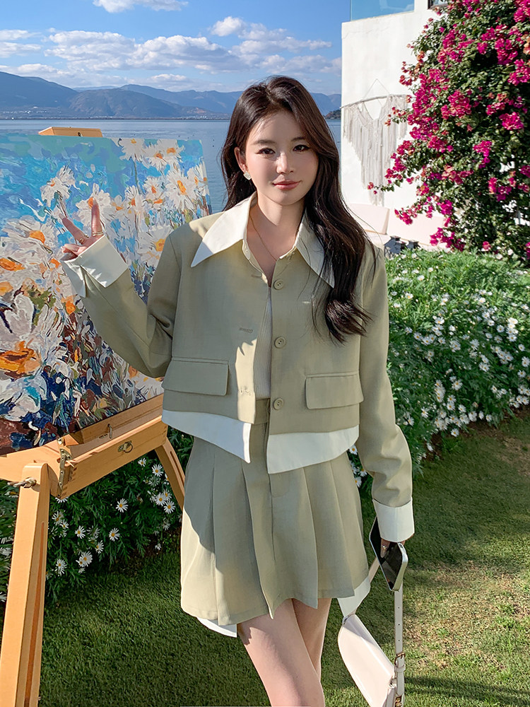 春现-学院风可盐可甜假两件外套裙套装B190-2813-P160-K218,女装套装/套裙,2B190