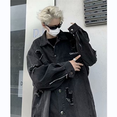 美式高街破洞牛仔外套男字母韩版潮流2024秋冬ins夹克W5332-P63，男装工装外套，星座412-2
