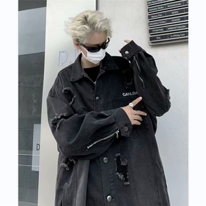 美式高街破洞牛仔外套男字母韩版潮流2024秋冬ins夹克W5332-P63