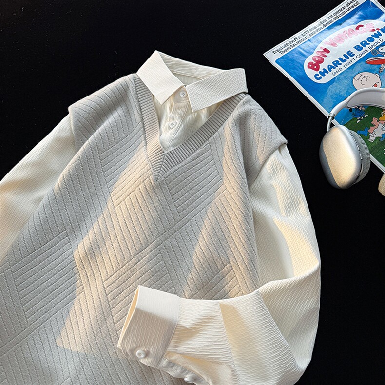 2025抖音男士假两件卫衣衬衫领新款刺绣针织打底衫CS23-P68，男装针织衫/毛衣，电商B278