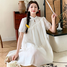 仙气温柔风花朵盘扣旗袍连衣裙P135-K195，女装连衣裙，红龙果