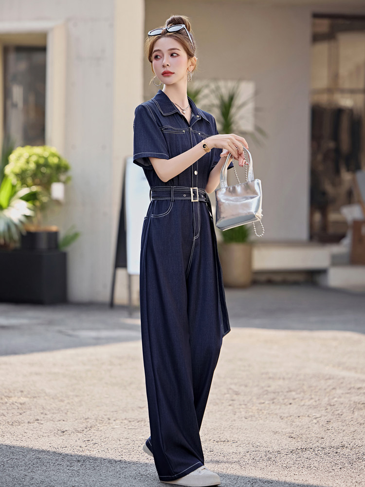 （新款现货）2026夏时尚显瘦减龄天丝牛仔连体阔腿裤女（配腰带）,女装连体裤,印象茜
