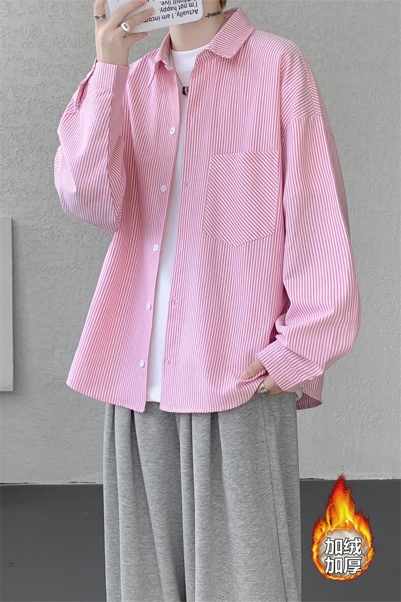 加绒衬衫男冬季新款港风宽松条纹加厚保暖长袖衬衣JR89-P39,男装衬衫,星座214-3