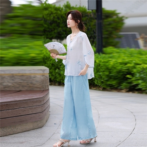 苎麻套装女夏2026新款宽松休闲时尚减龄棉麻阔腿裤两件套图片