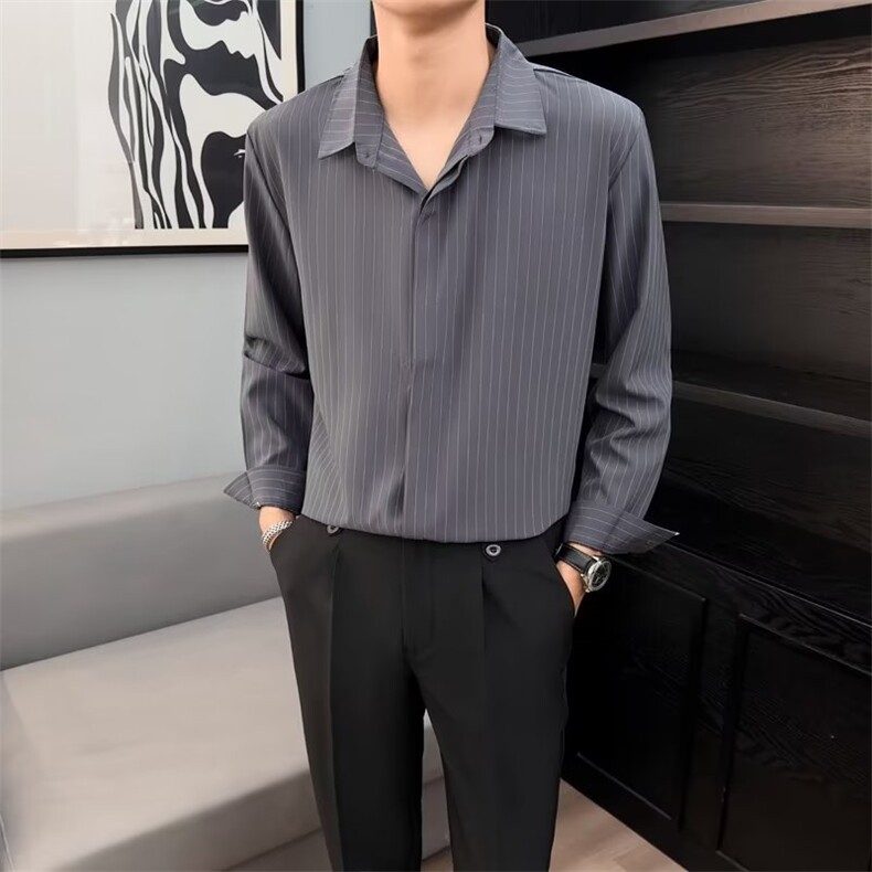 春秋长袖竖条纹衬衫男痞帅休闲青少年bf韩版日系雅痞衬衣T38,男装衬衫,星座1116A-2（原606A-1）