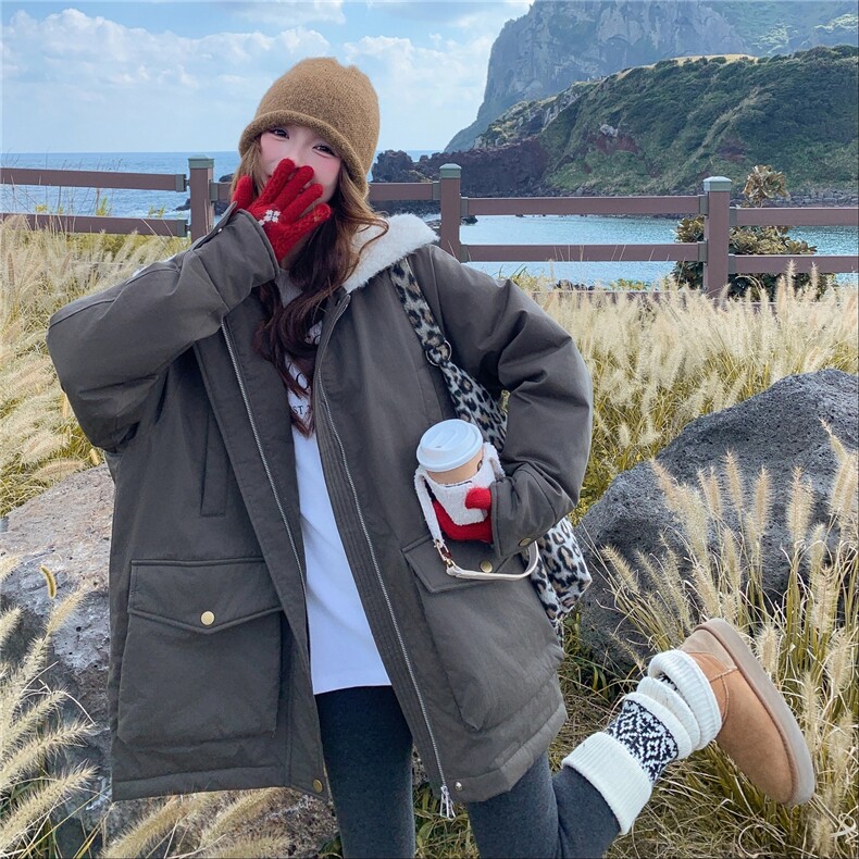 韩系加厚保暖派克服冬复古高级感小个子休闲百搭宽松外套,女装短外套,2C225