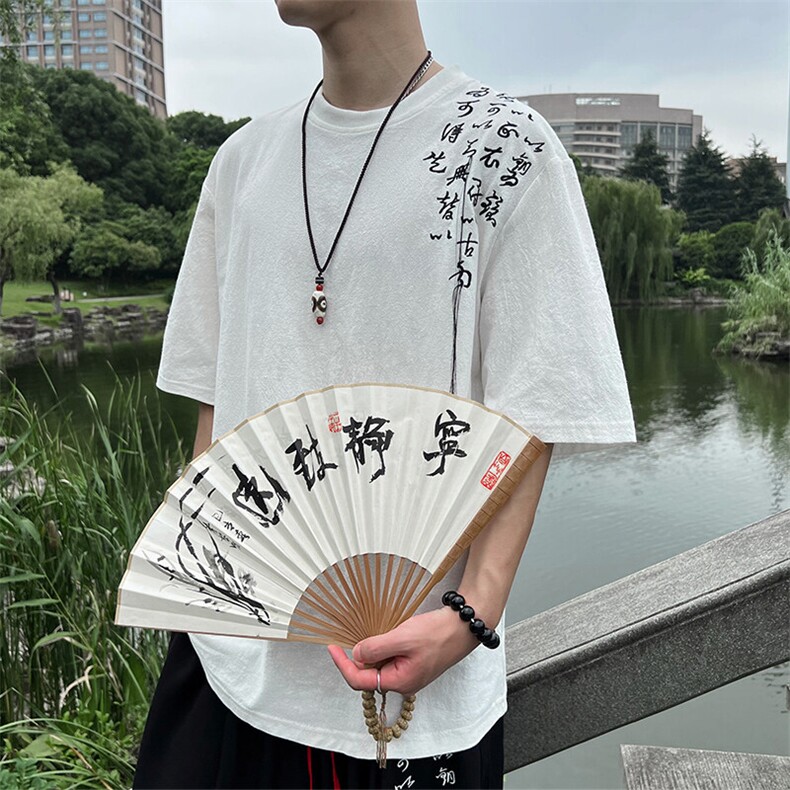 夏季新款现货棉麻男士圆领文字刺绣流苏短袖T恤T062-P35,男装T恤,电商A021