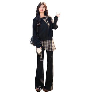休闲格纹拼接卫衣阔腿裤套装女春秋松弛感运动两件套ootd减龄超火图片