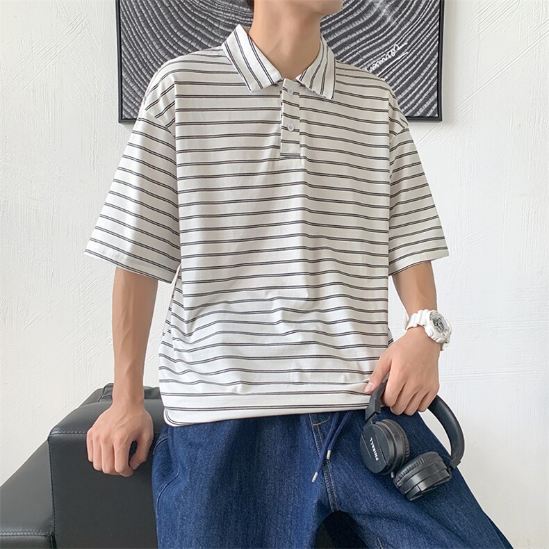 夏季条纹百搭ins衣服潮polo衫短袖t恤男宽松半袖五分袖T694-P30,男装T恤,星座512-2