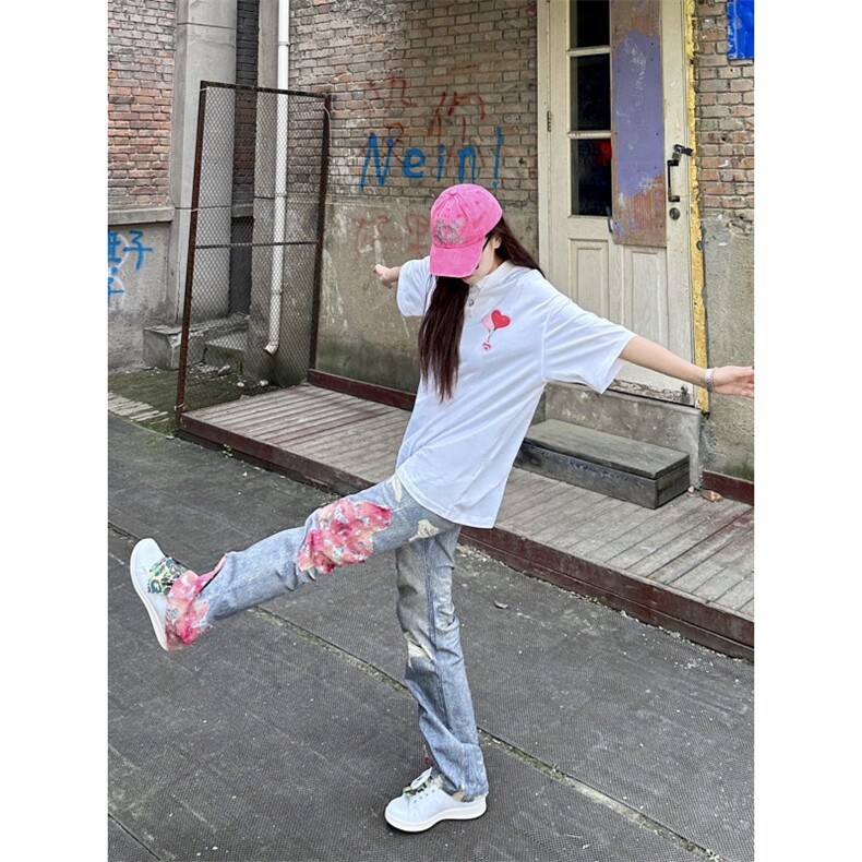 【网图】晚霞蕾丝拼接牛仔裤潮牌美式高街微喇裤子N0077CC-特P55,男装牛仔裤,星座1007（原301D）