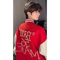 数字款珍珠红色棒球服撞色夹克外套JK0116-1-P105，男装夹克，星座313A(原308A-2)