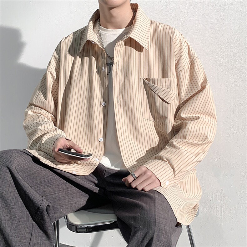 2025秋季条纹长袖衬衫男大码港风潮牌宽松bf休闲衬衣外套C818-P50图片