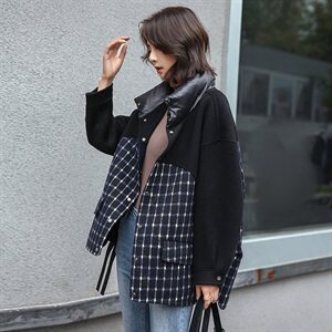 冬季新款格纹拼接时尚双面呢羊绒外套立领潮流女图片