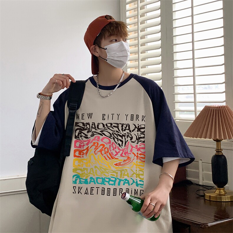 抖音品质潮牌圆领落肩拼色男女款大码宽松T恤纯棉240克控49图片