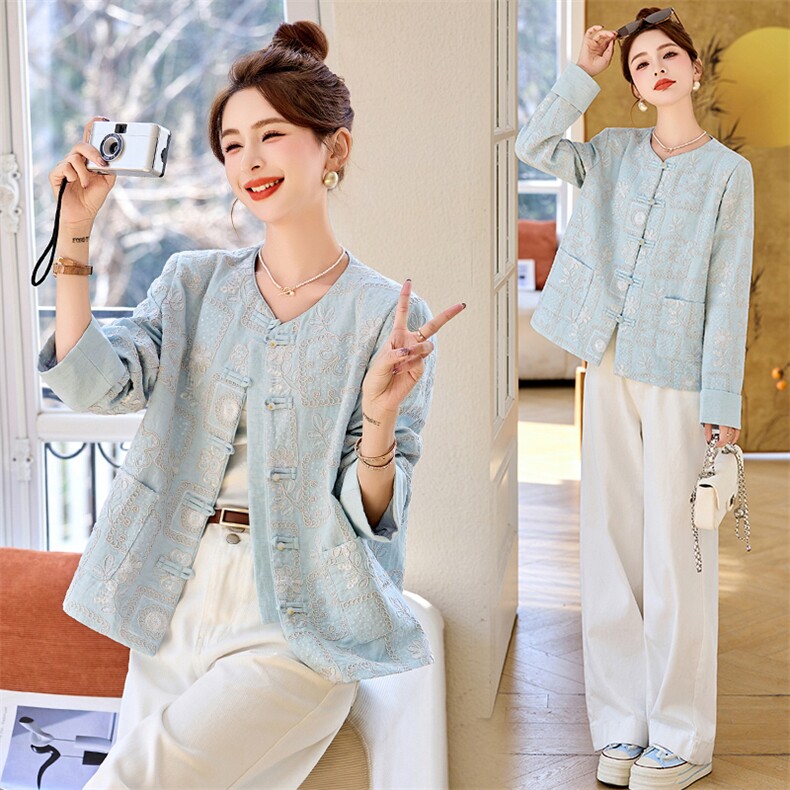 开春蓝色新中式亮片刺绣外套女2026新款独特气质禅盘扣上衣，女装短外套，美沁
