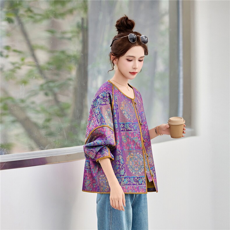 中古风女士真丝宋锦提花外套高端大方,女装短外套,素月
