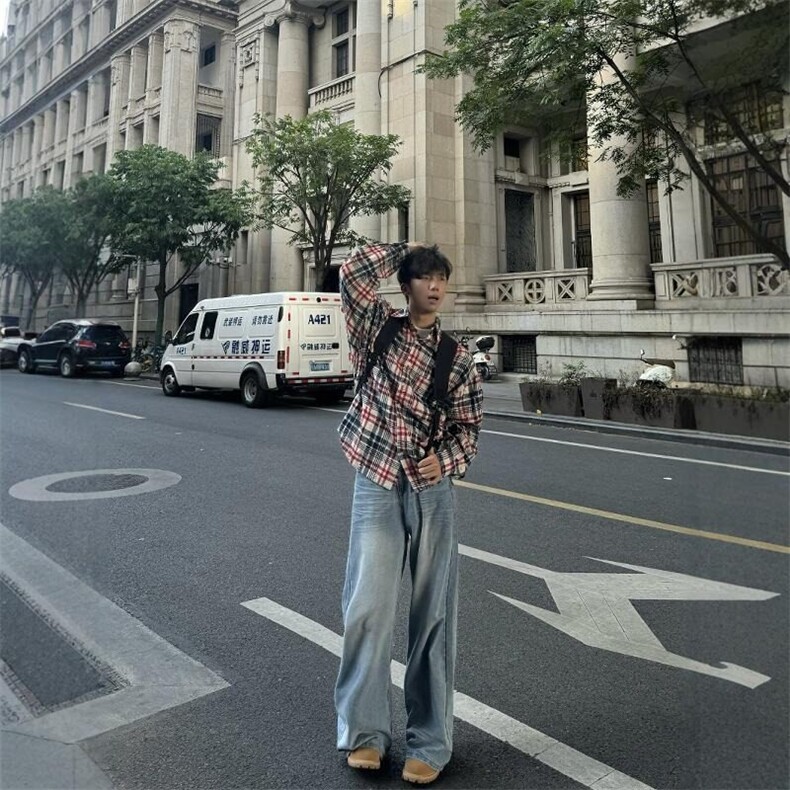 W9465-P43网图现货美式高街新款做旧磨破格子长袖衬衣百搭衬衫,男装衬衫,星座1608-2