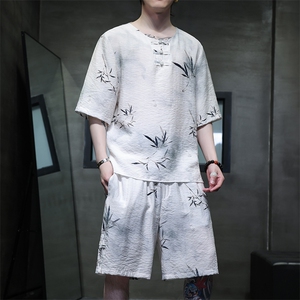 2025夏季新款男装风冰丝竹叶印花盘扣套装短袖+短裤 A103-P80图片