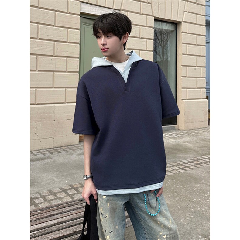 250克高品质面料假两件V领连帽宽松短袖日系潮流百搭上衣HY733P45,男装T恤,电商A102B