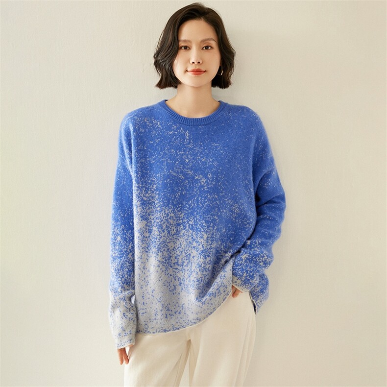 撞色星空山羊绒衫女宽松慵懒毛衣百搭2025秋冬圆领套头针织羊毛衫,女装羊绒衫,纳丰羊绒