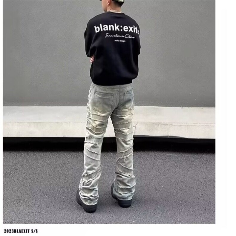 美式潮牌牛仔裤小众设计水洗做旧高弹力百搭浅色微喇叭裤,男装牛仔裤,星座506A
