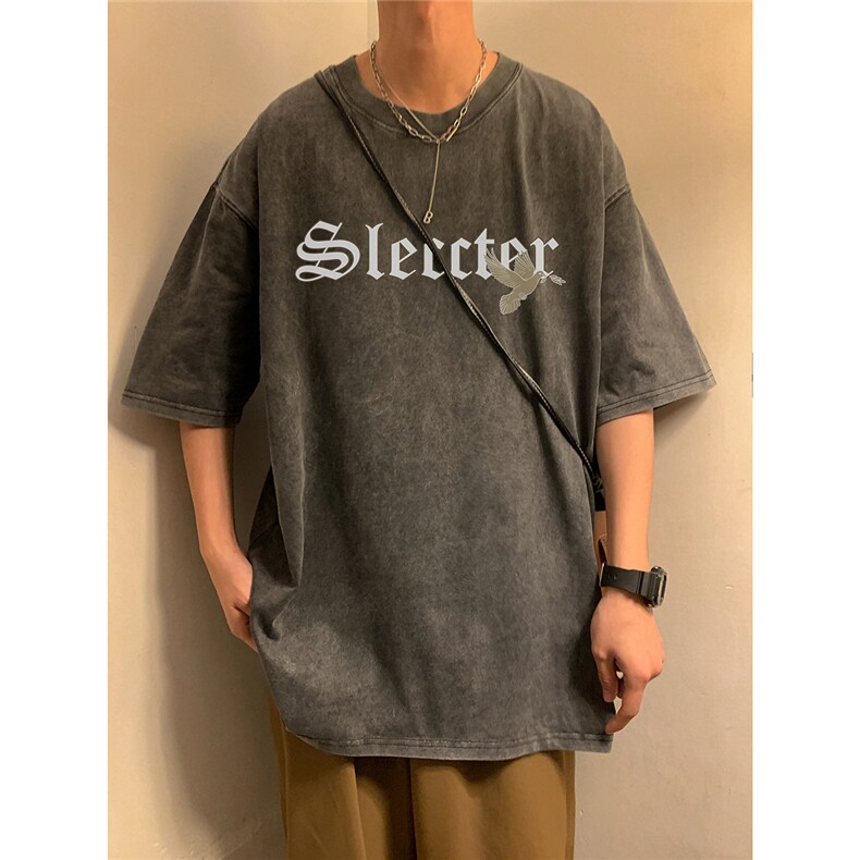 潮牌宽松水洗纯棉字母短袖上衣男背后印花半袖T恤D328-T380-P45,男装T恤,电商D328