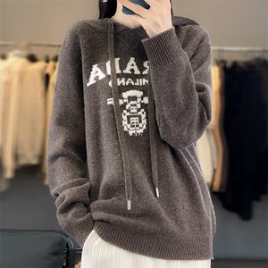 拼色连帽100%纯羊毛帽衫女23秋冬新款长袖针织毛衣宽松打底羊绒衫图片