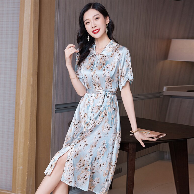 大喜自制【现货】莫奈花园2022复古修身真丝V领短袖印花连衣裙,女装连衣裙,阿舍尔精品