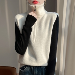时尚拉链高领针织羊毛马甲女款2025春季新款宽松外搭纯色毛衣背心图片