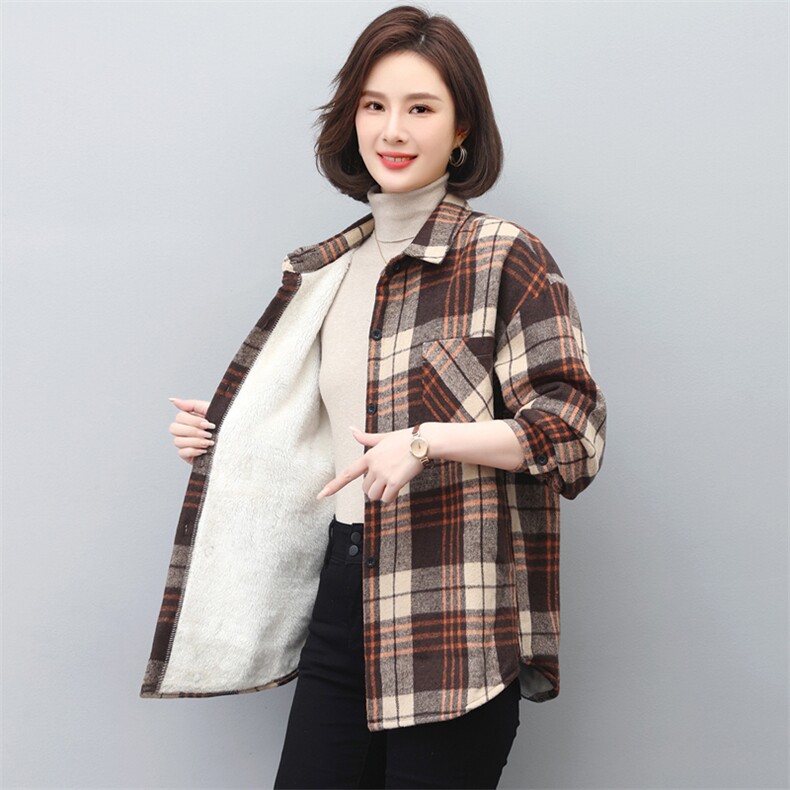 冬装新款格子衬衫女加厚加绒打底衬衫女中老年妈妈装,女装衬衫,璐依舞